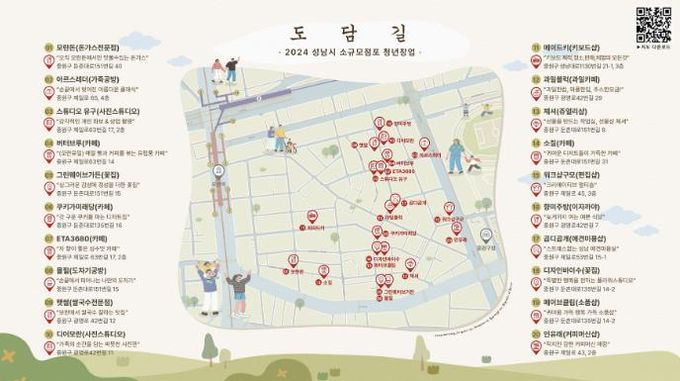 성남시 ‘소규모 점포 창업 청년 지원사업’으로 영업 중인 도담길 점포 20개 표시 지도