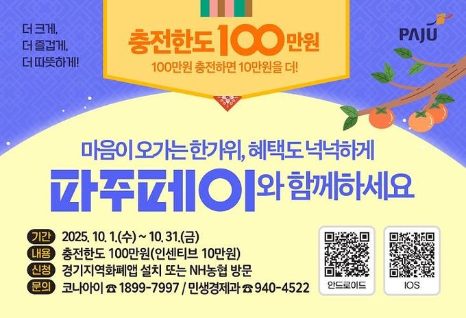 10월 추석 맞이 파주페이 충전한도 100만 원으로 상향