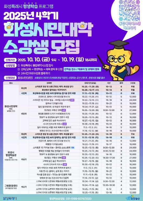 2025년도 4학기 화성시민대학 수강생 모집 안내문