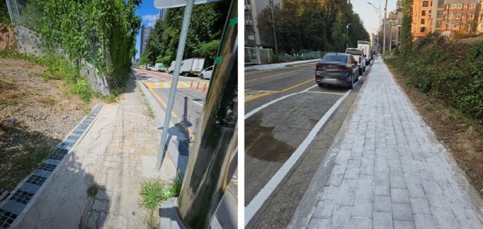 용인특례시 모현읍이 외대로 25번길 보행환경을 개선했다. 사진은 개선전(왼쪽)과 개선후(오른쪽) 모습