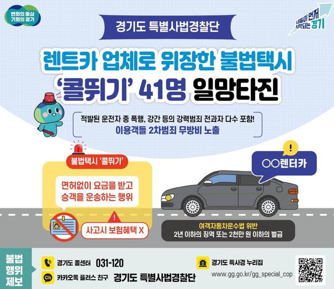 경기도, 5년간 억대 부당이득 챙긴 불법택시 '콜뛰기' 41명 일망타진