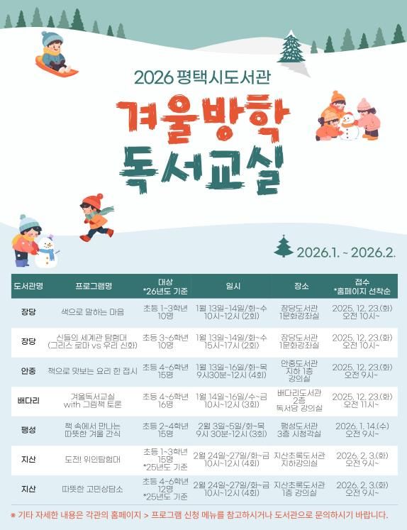 2026년 평택시 도서관 ‘겨울방학 독서교실’ 운영