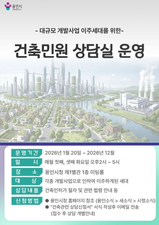 용인특례시가 개발사업에 따른 이주세대를 위해 '맞춤형 건축민원 상담 서비스'를 운영한다.